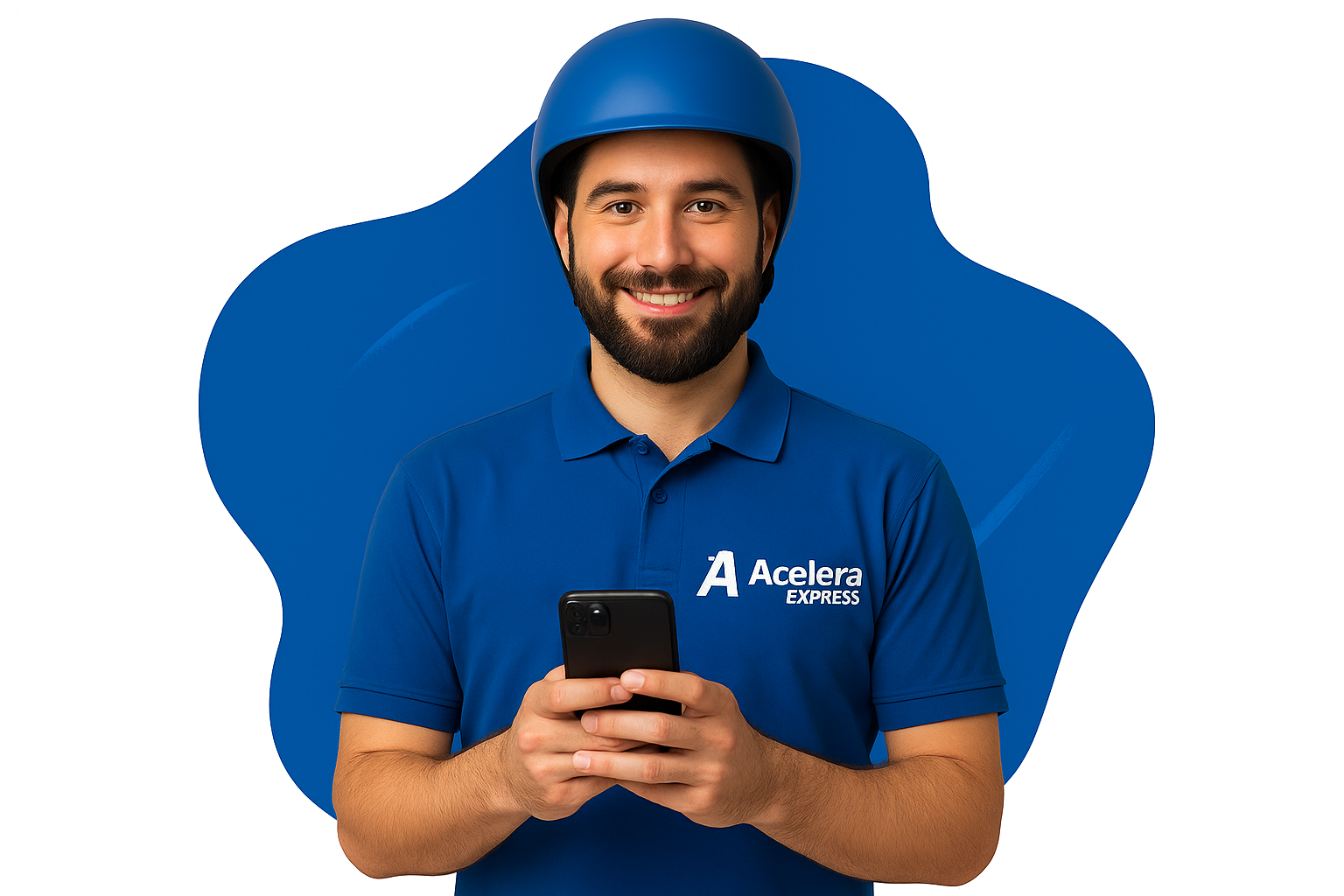 Entregador com smartphone e logo Acelera Express